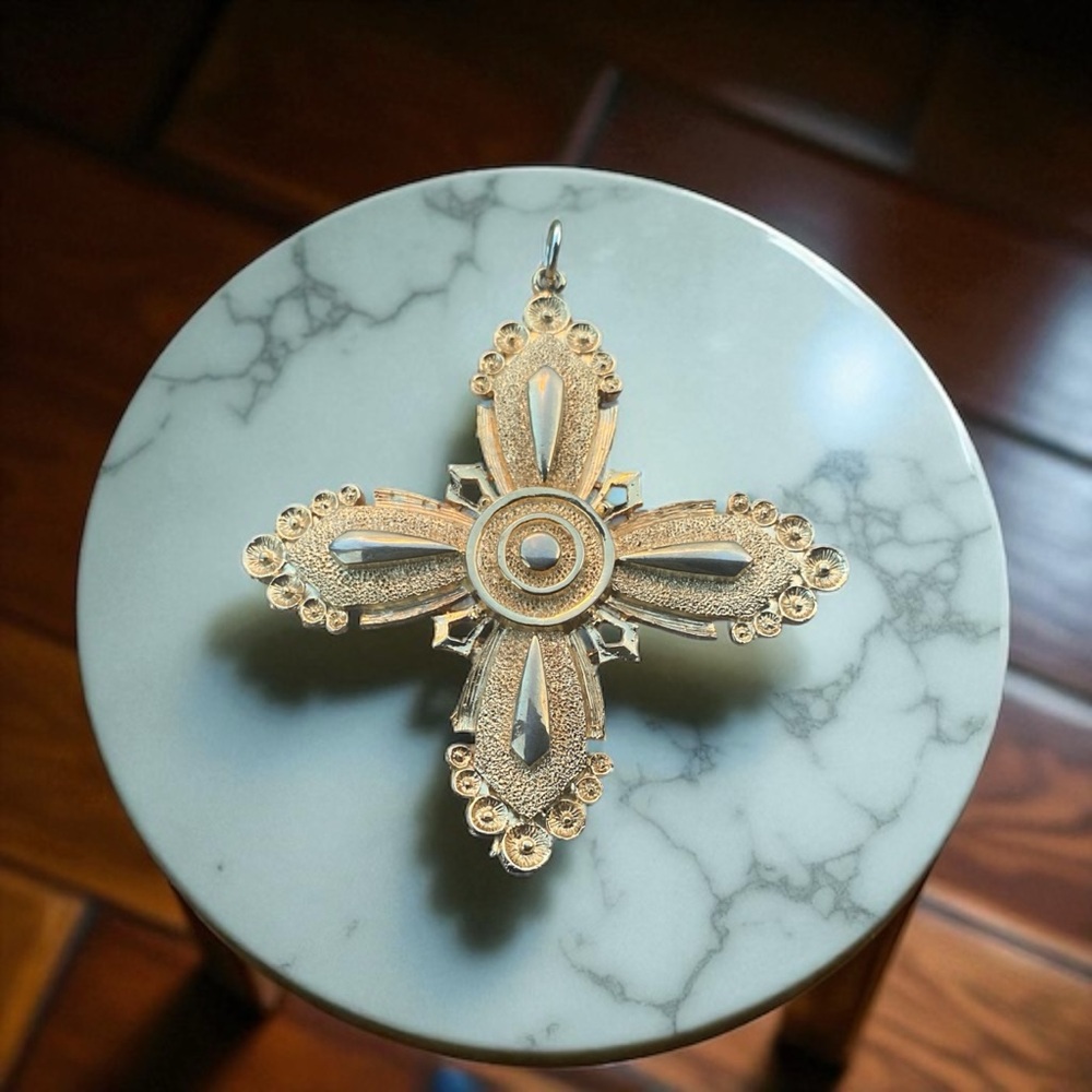 Large Gold-Tone Ornate Greek Cross Pendant